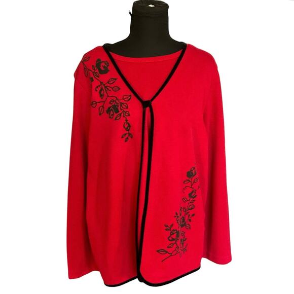 Vintage Teddi Pullover Cardigan Sweater Size XL Red and Black Floral Embroidery - Picture 1 of 9